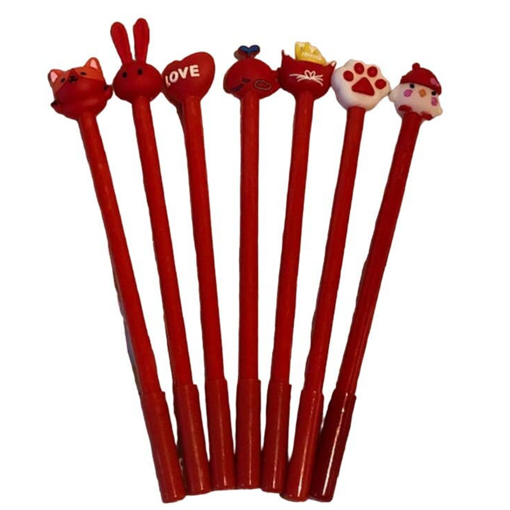 Red 7 pc Black Gel Roller Ball Ink Pen Set (0.5mm tip) + Pouch